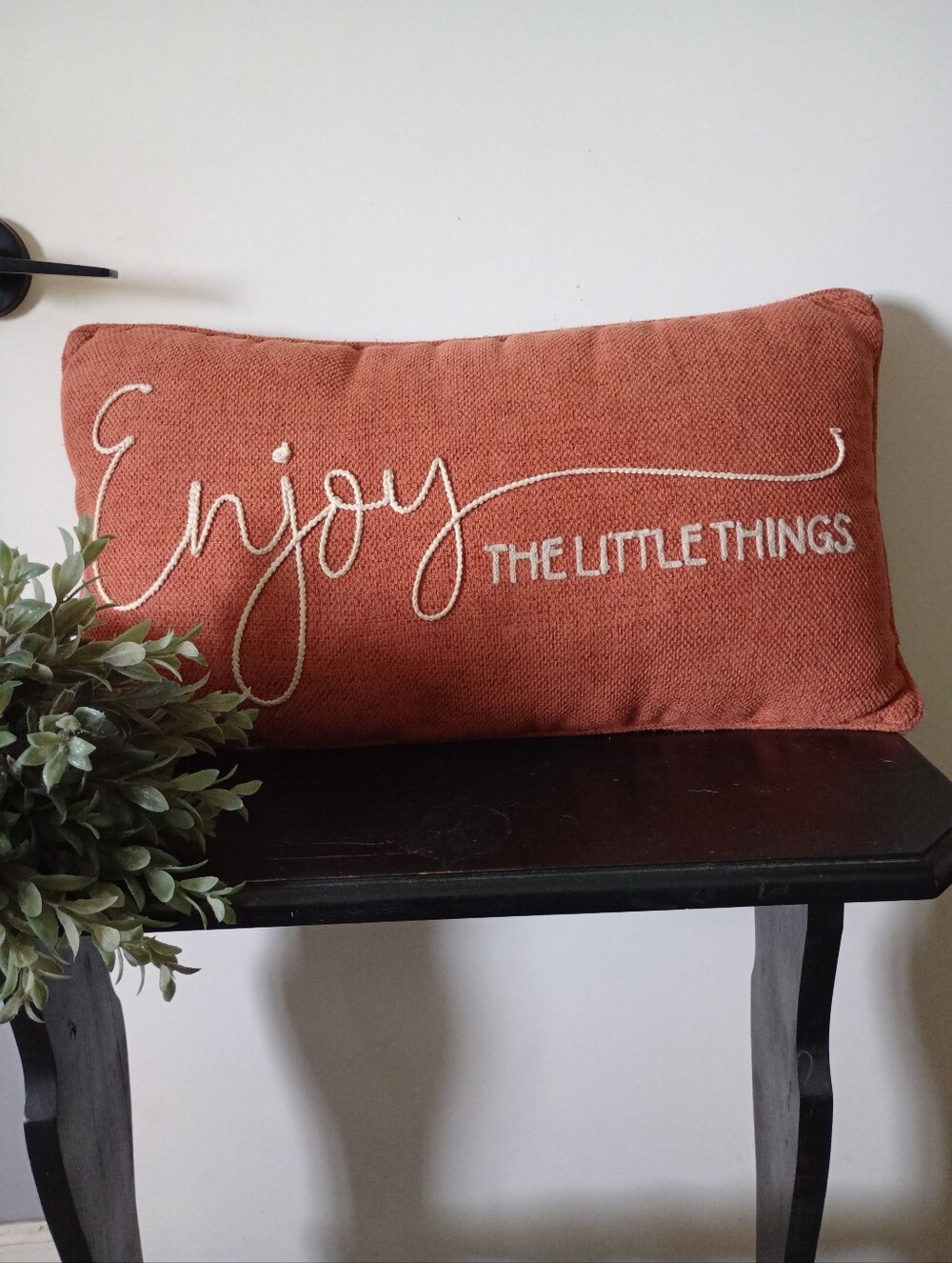 "Enjoy The Little Things" Rustic Orange Farmhouse Style Accent Pillow
